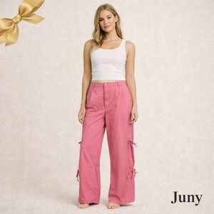 JUNY Pink Parachute Pants Wide Legs Cinch Side Bows Zipper Snap NWOT Sz L
